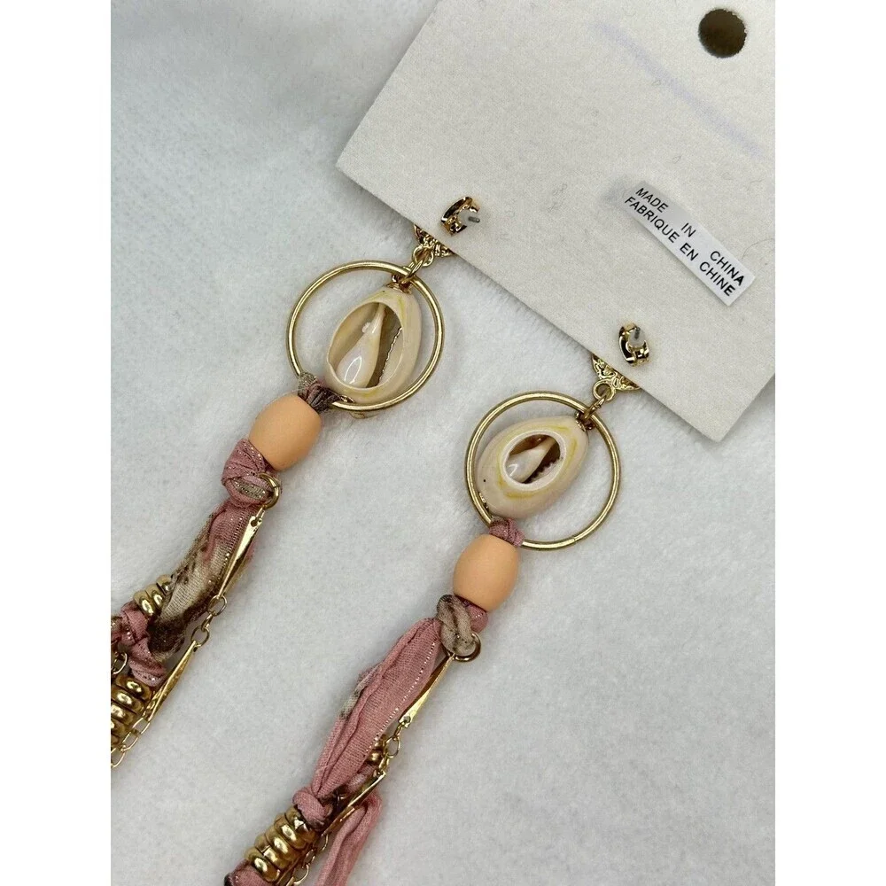 Free People Dangle Earrings Boho Shell Bead Fringe Women Pink Gold Tone Handmade